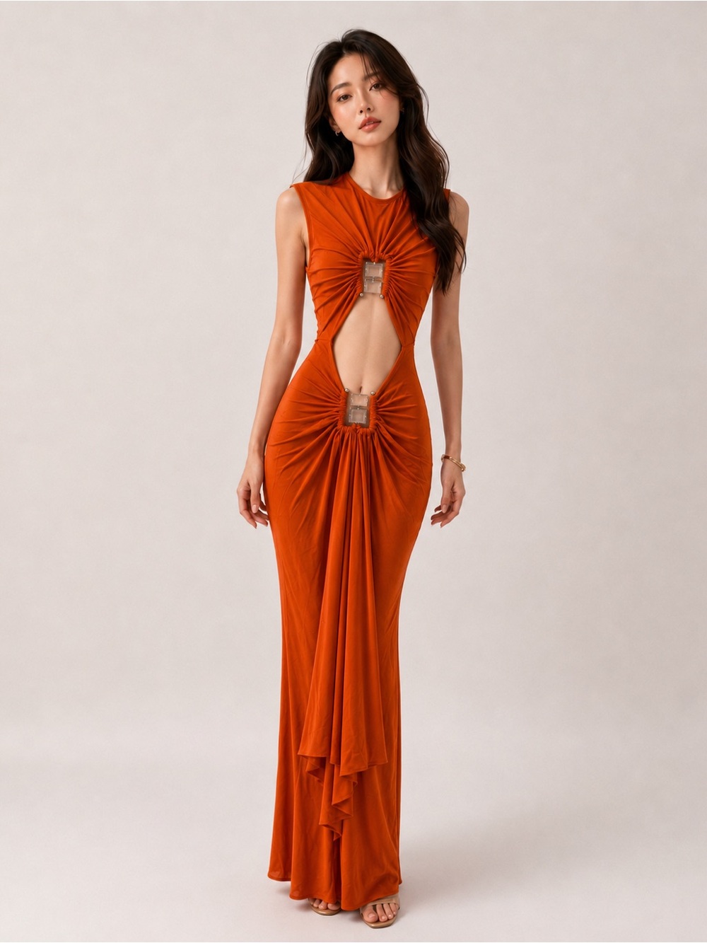 Christopher Esber Burnt Orange Cutout Maxi Dress with Front Knot